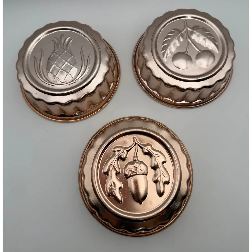 Vintage Copper Aluminum Jello Mold Set Pineapple Cherry Acorn Scalloped 3pc
